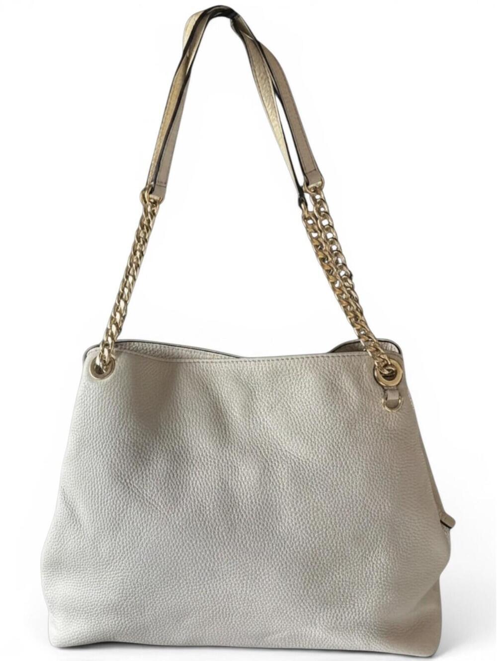 Michael Kors Raven Large Cream Pebbled Leather Shoulder Bag Tote Gold Chain EUC